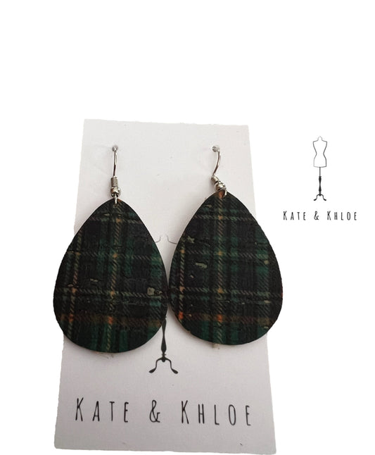 Green Plaid Teardrop Cork Earrings