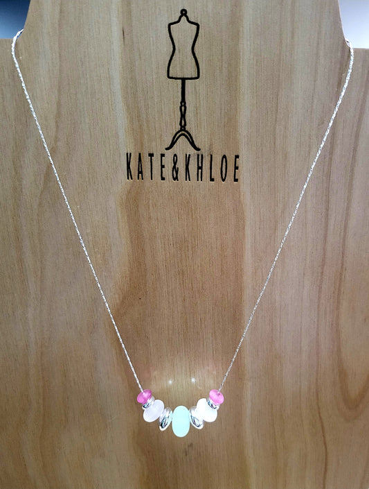 Beach Glass Silver Chain Necklace ~ Pinks