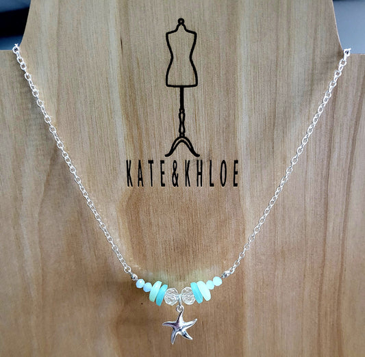 Beach Glass Silver Chain Necklace ~ Star Charm
