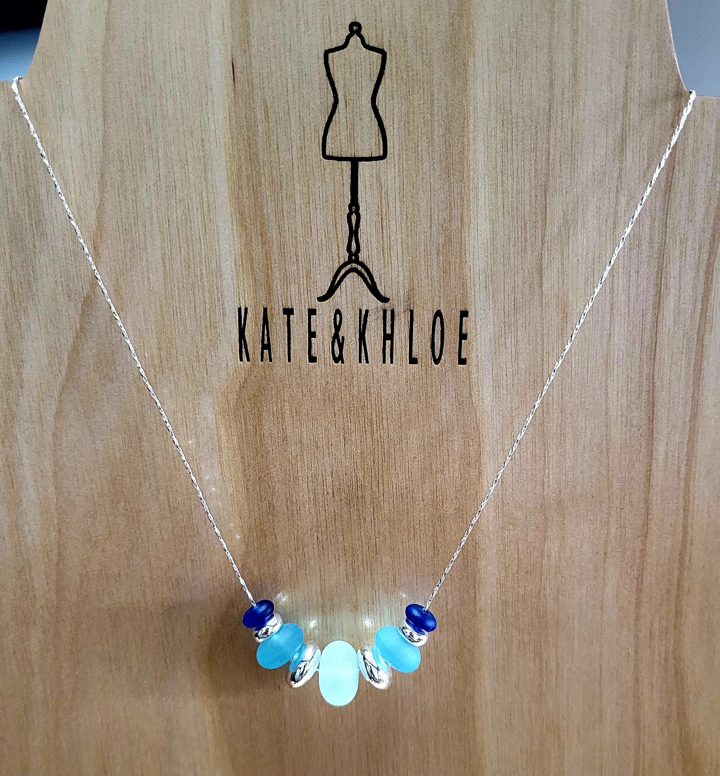 Beach Glass Silver Chain Necklace ~ Blues