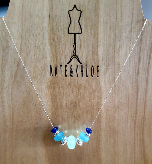 Beach Glass Silver Chain Necklace ~ Blues