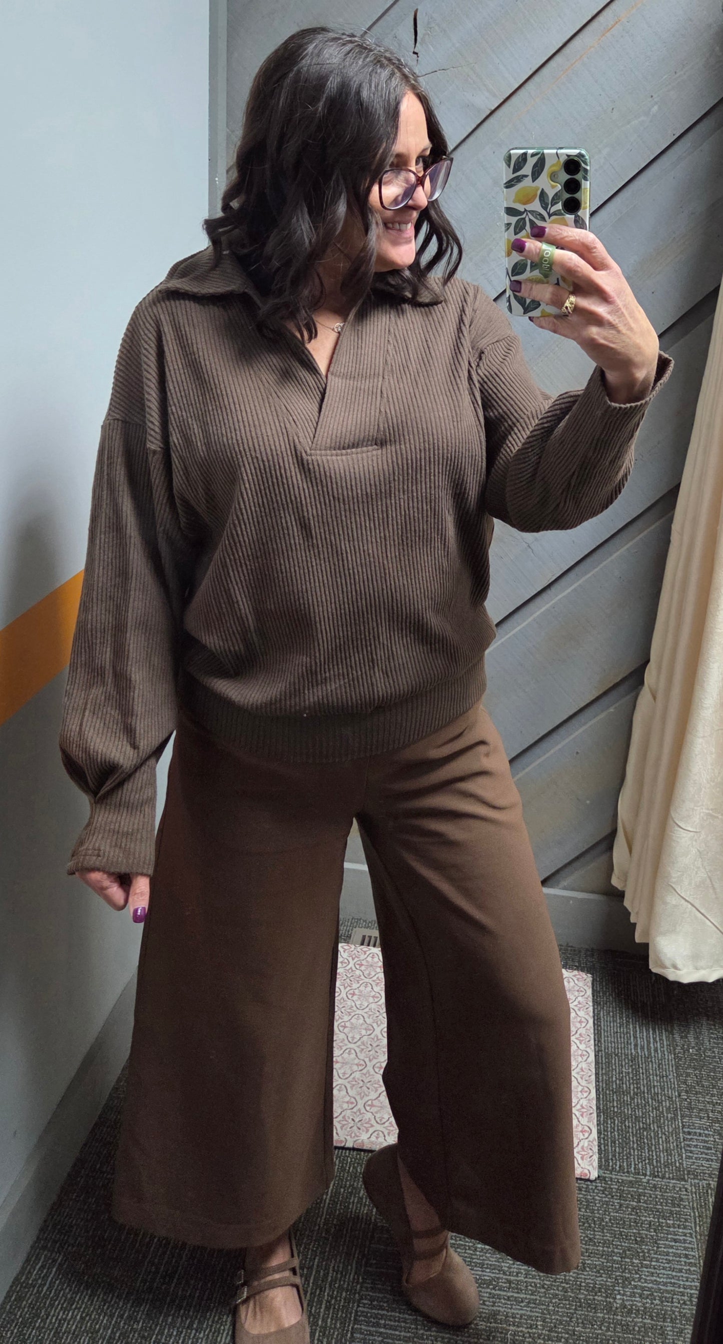 Rib Knit Collared Pullover Top~ Chocolate Brown