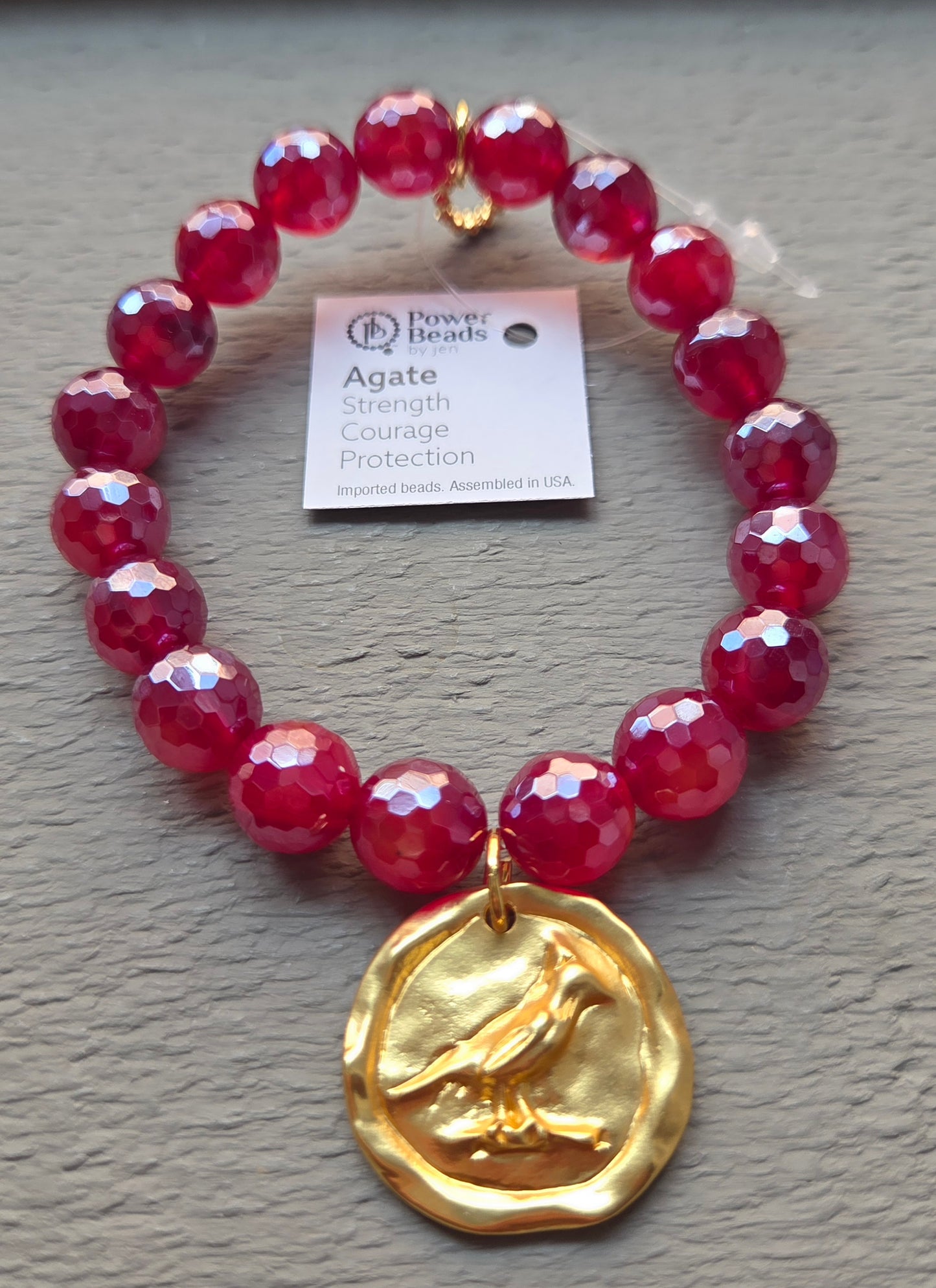 Power Beads By Jen Faceted Burgundy Agate with Gold Artisan Cardinal Charm
