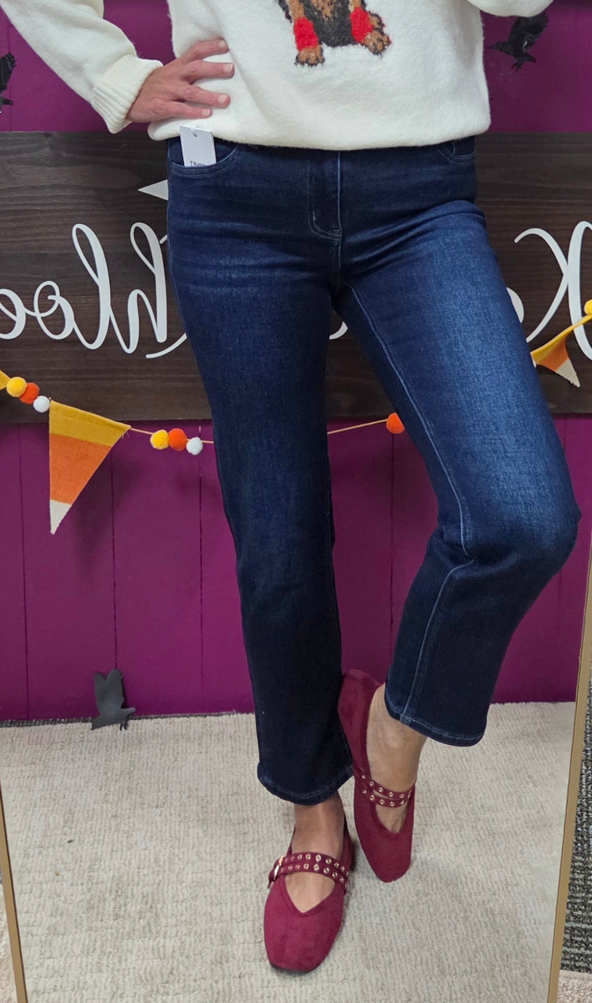 Glorious Joy Mid Rise Straight Dark Wash Denim Jeans by Vervet