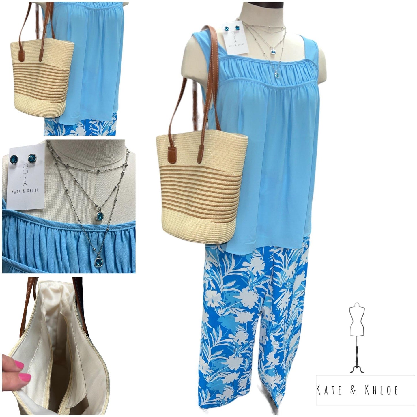 Blue Floral Print Flared Leg Pants
