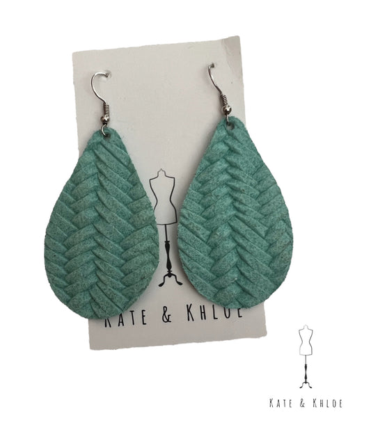 Mint Teardrop Suede Earrings Woven Design