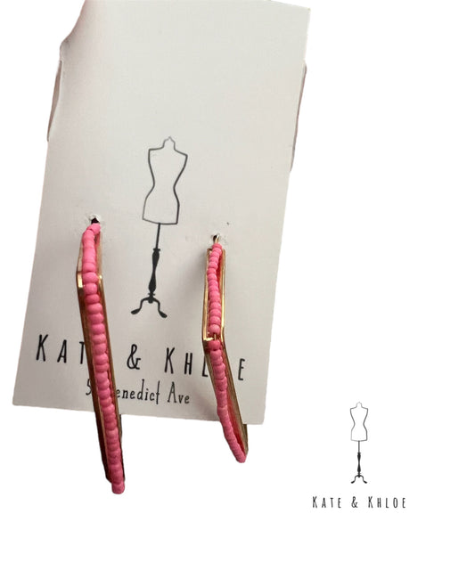 Pink Beaded Square Gold Hoops