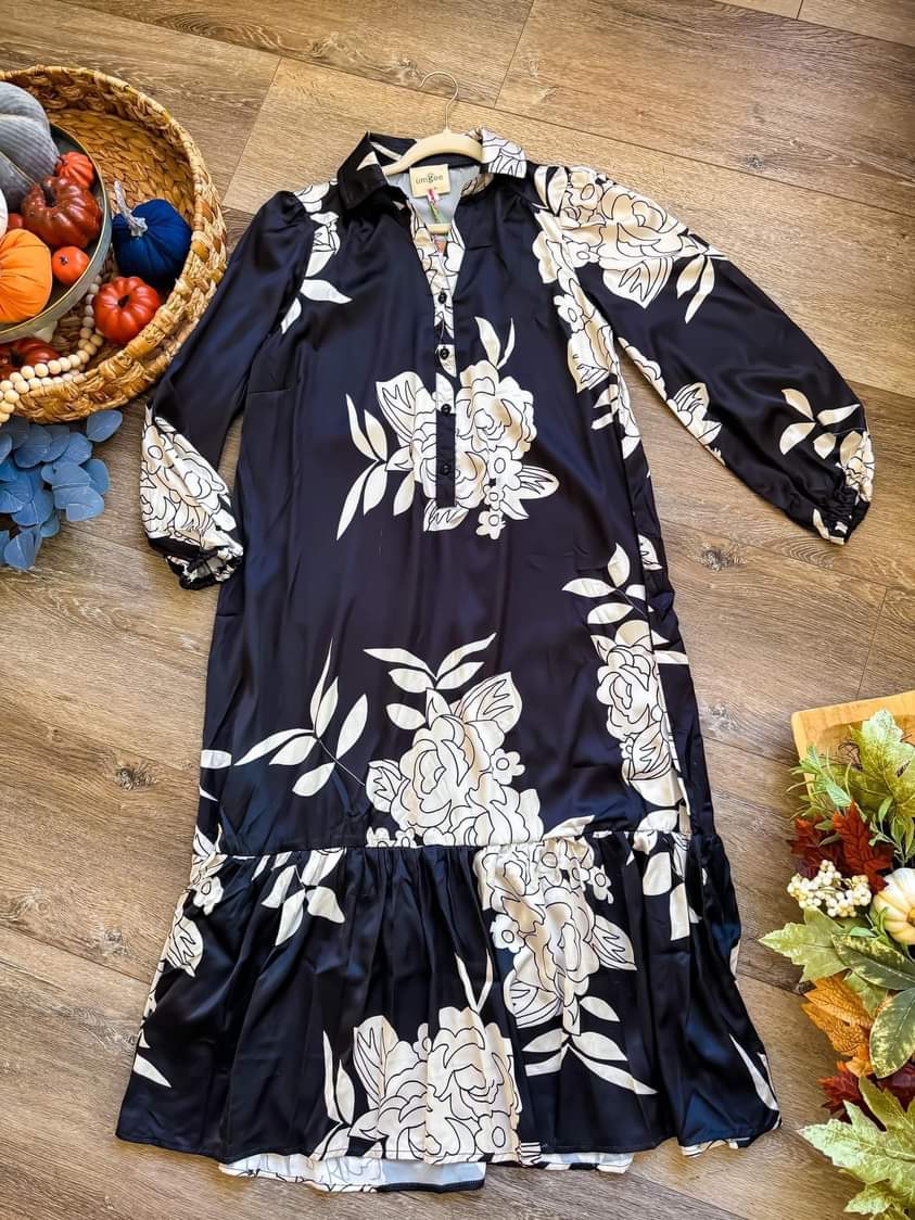 Midnight Blossom Satin Dress