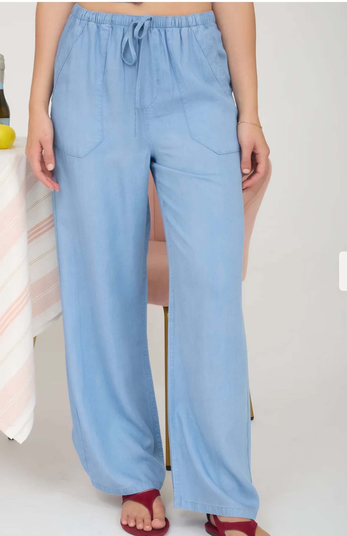 Chambray Drawstring Pants With Pockets