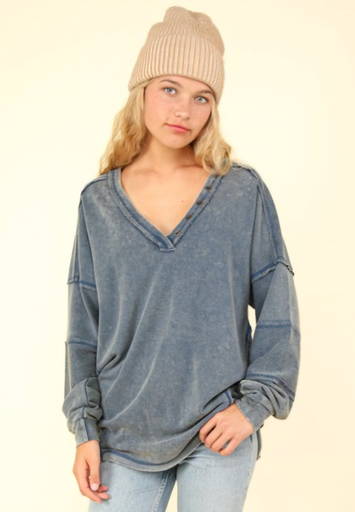 Denim Masterpiece- Washed Knit V-Neck Oversized Top