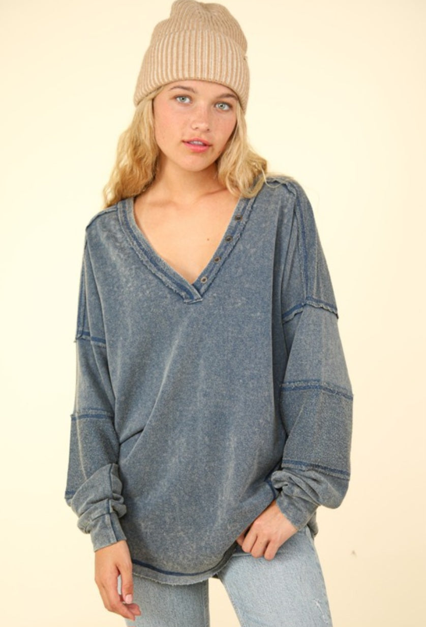 Denim Masterpiece- Washed Knit V-Neck Oversized Top