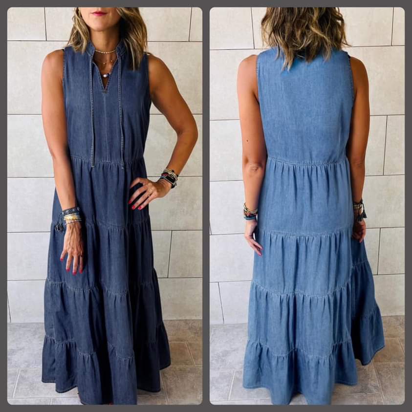 chambray tiered maxi dress Magnolia Tiered Chambray Sleeveless Maxi Dress