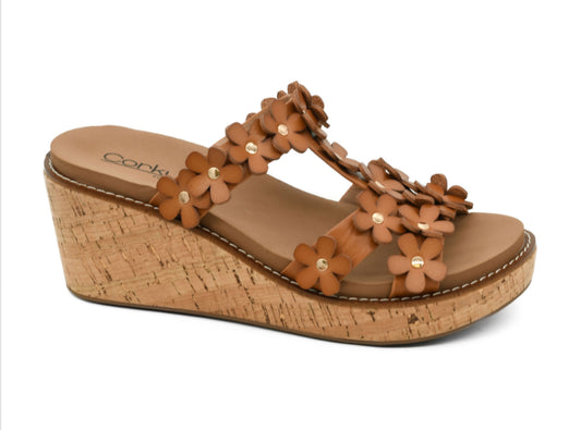 Corkys "Mic Drop" Floral Smooth Cork Wedge Heel Shoe Cognac Color