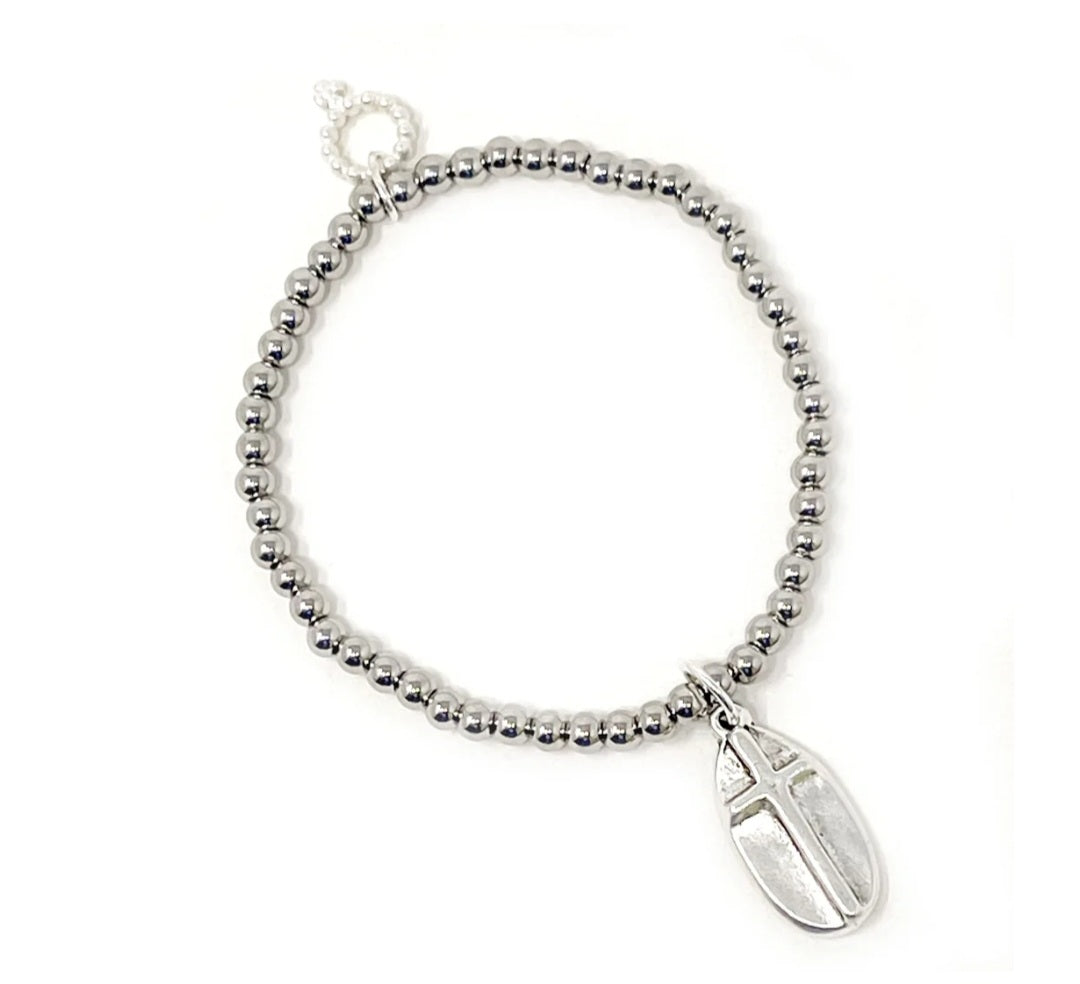 4mm Water Resistant Silver Hematite with Matte Silver Cross Bracelet