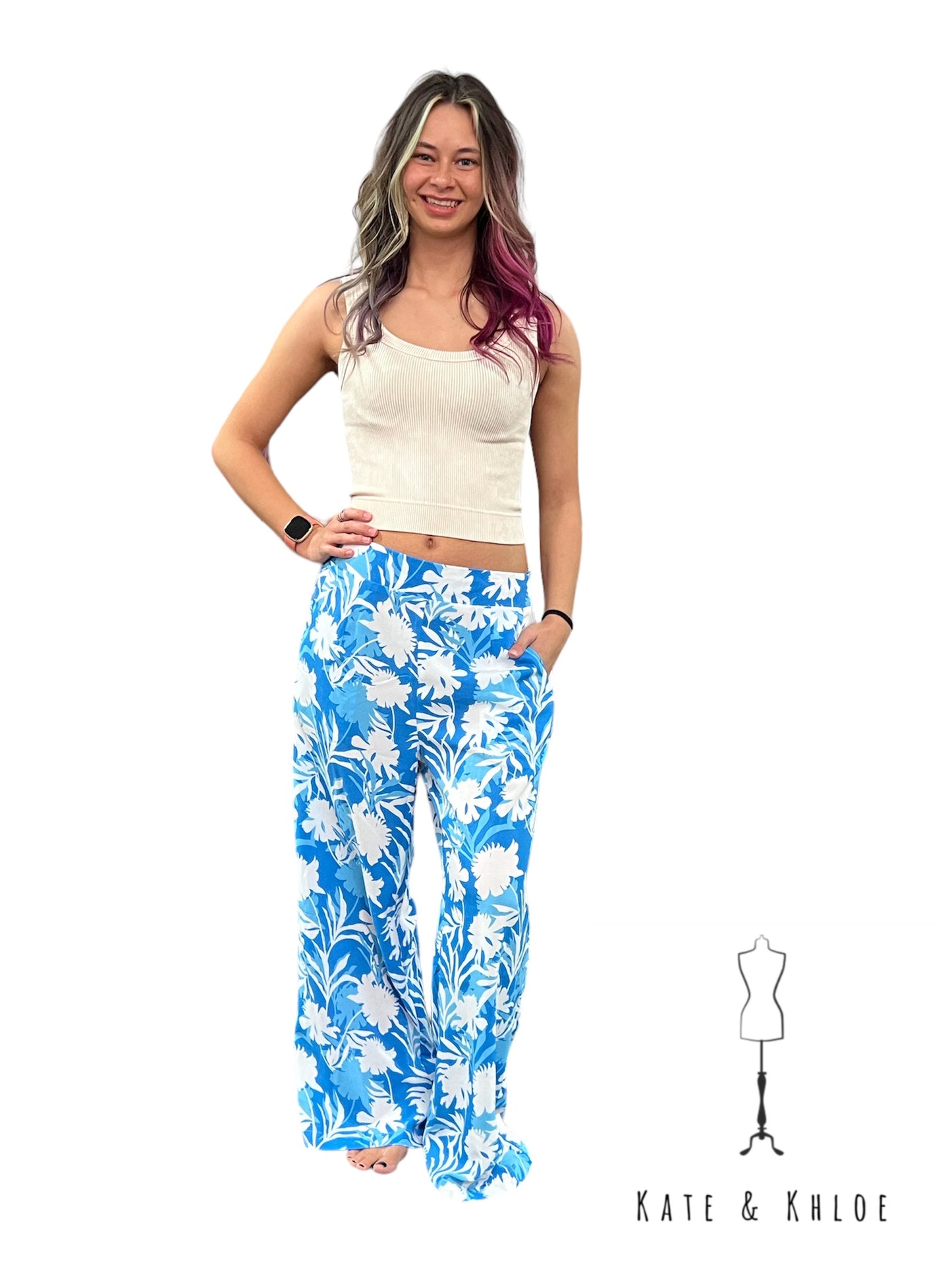 Blue Floral Print Flared Leg Pants