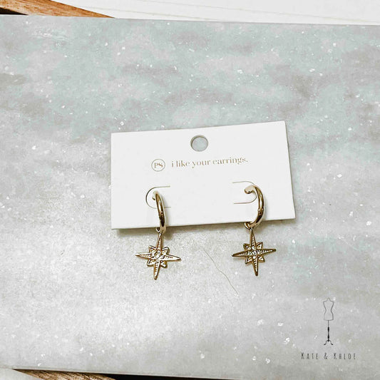 NORTH STAR DANGLE HOOP EARRINGS *WATERPROOF*