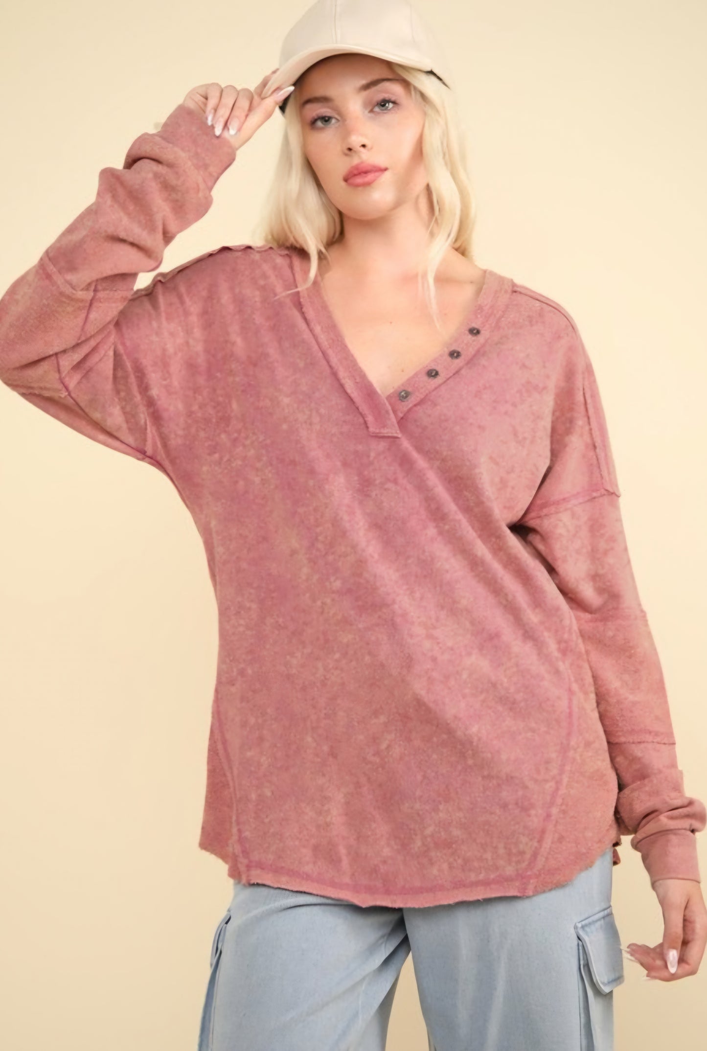 Mauve Masterpiece- Washed Knit V-Neck Oversized Top