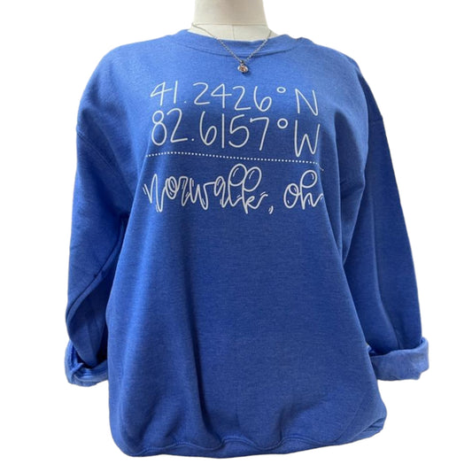Norwalk Ohio Longitude/Latitude Sweatshirt in Heathered Blue