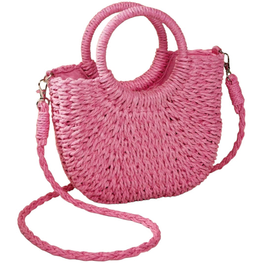 Straw Handbag with Detachable Strap ~ Pink