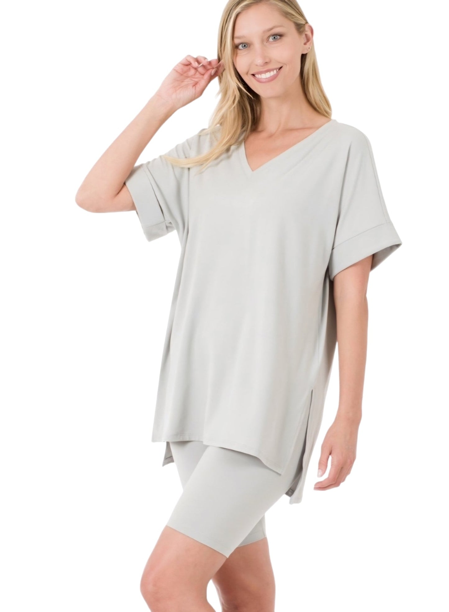 Versatile V-Neck Hi-Low Hem Top with Perfect Stretch Biker Shorts - Set Grey