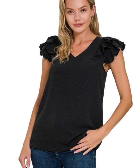 Sophisticated Touch Black Ruffle Sleeve Top