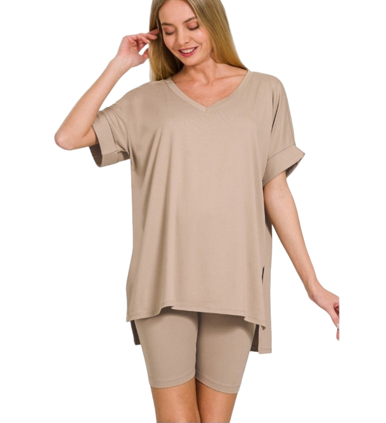 Versatile V-Neck Hi-Low Hem Top with Perfect Stretch Biker Shorts Set- Mocha