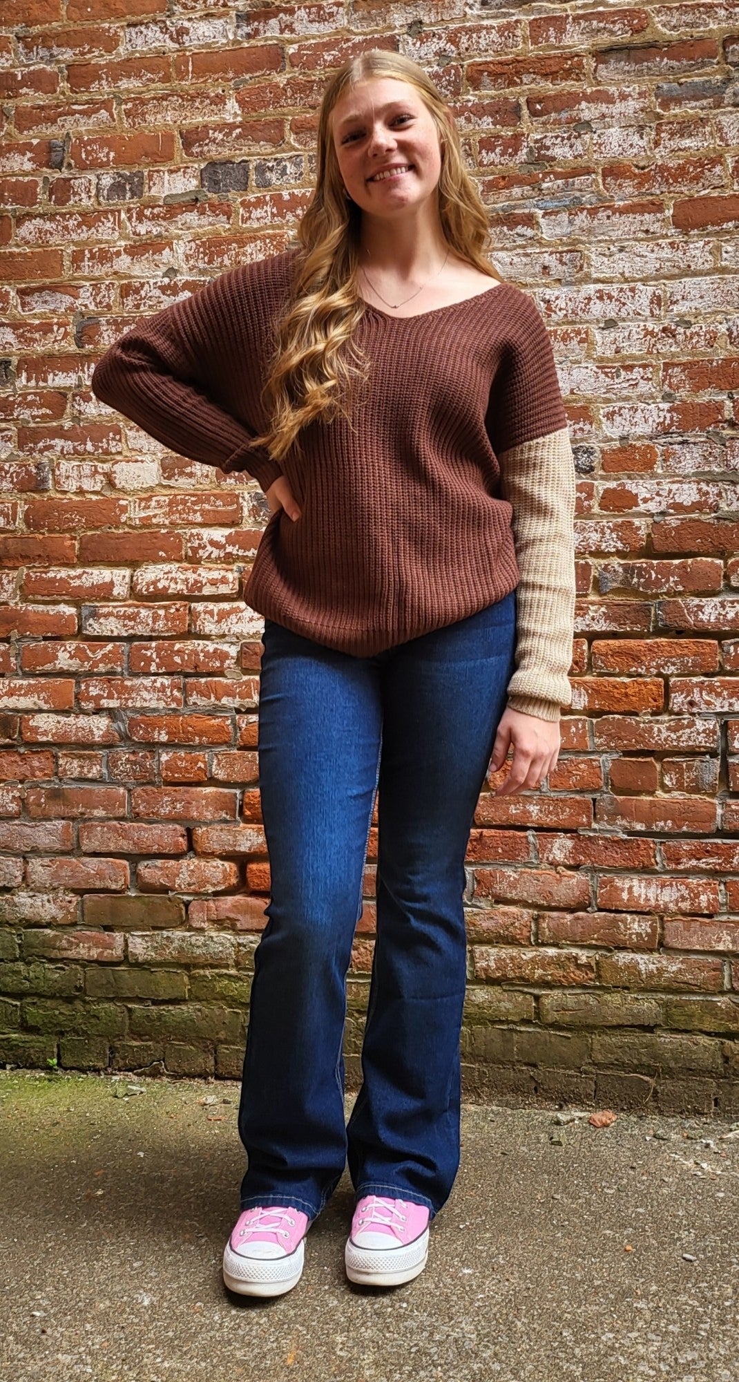Two Tone Twist Back Sweater in Camel & Brown