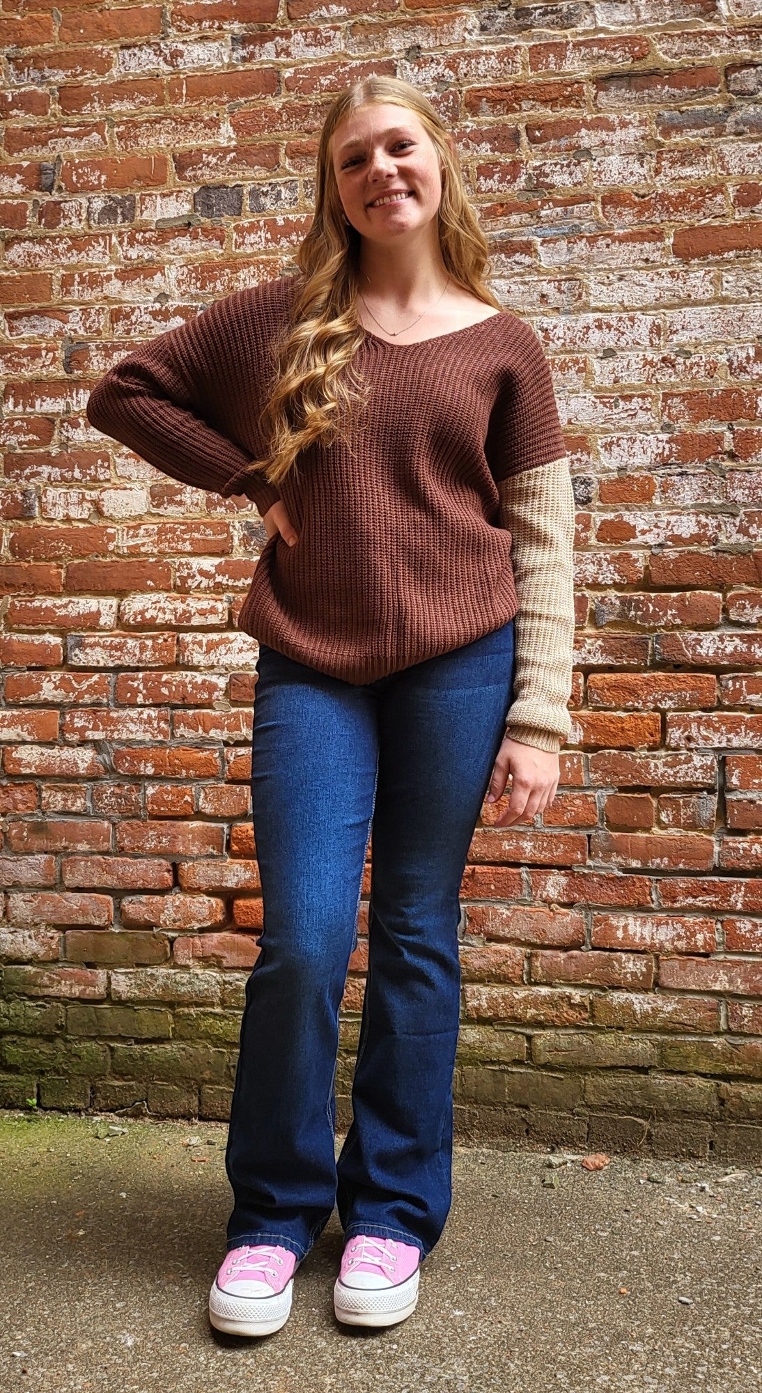 Two Tone Twist Back Sweater in Camel & Brown