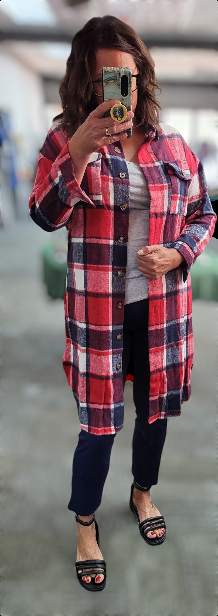 Cedar Grove Plaid Long Shacket - Red Tone