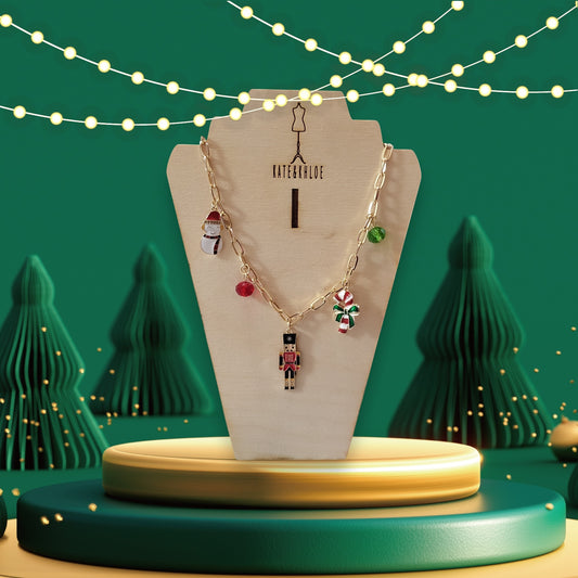 Nutcracker & Snowman Charm Necklace ~ Gold