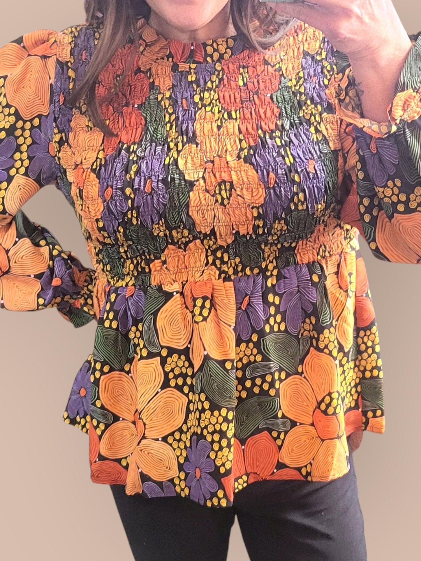 Mood Lifter Smocked Top ~Black & Multicolor