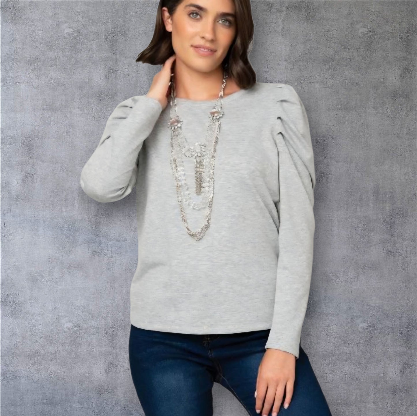 Puff Sleeve French Terry Top Grey