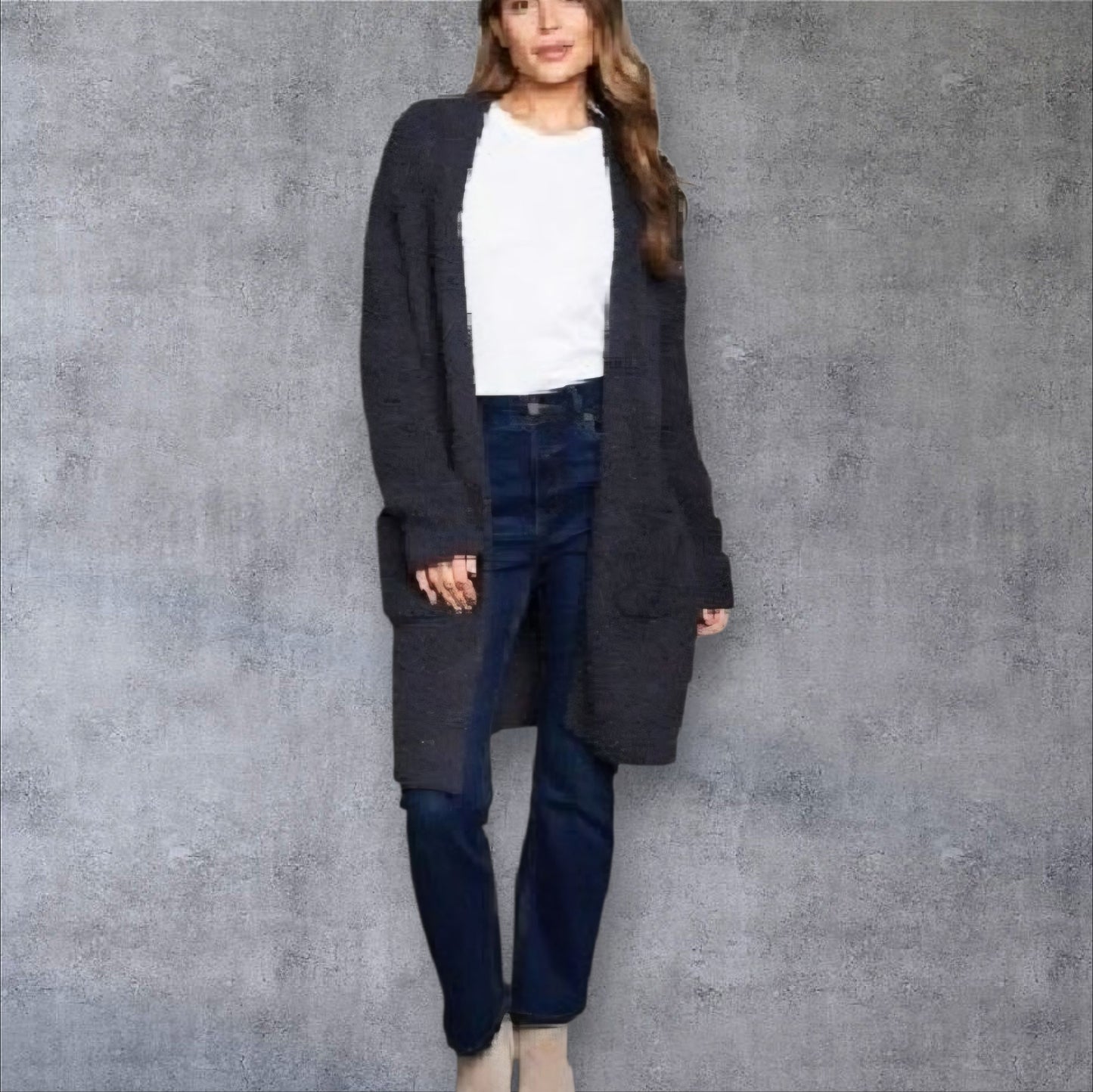 Longline Popcorn Open Front Cardigan in Charcoal