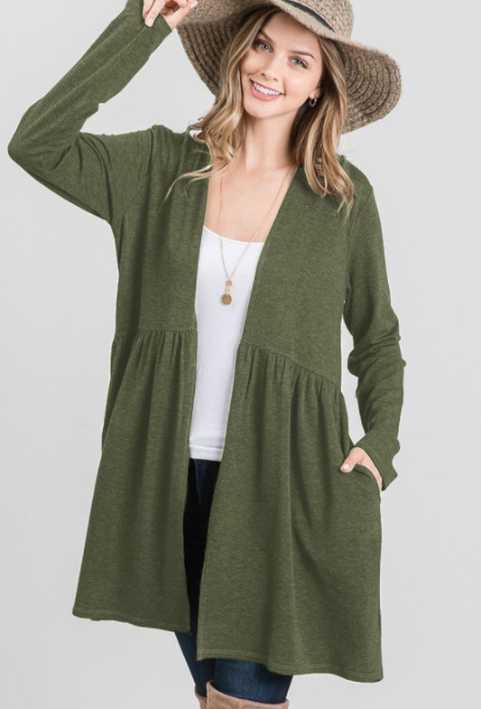Harper ~  Open front Ruffle Cardigan Olive