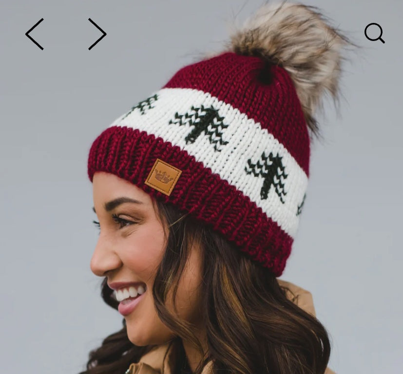 Burgundy Knit Hat with Tree Pattern