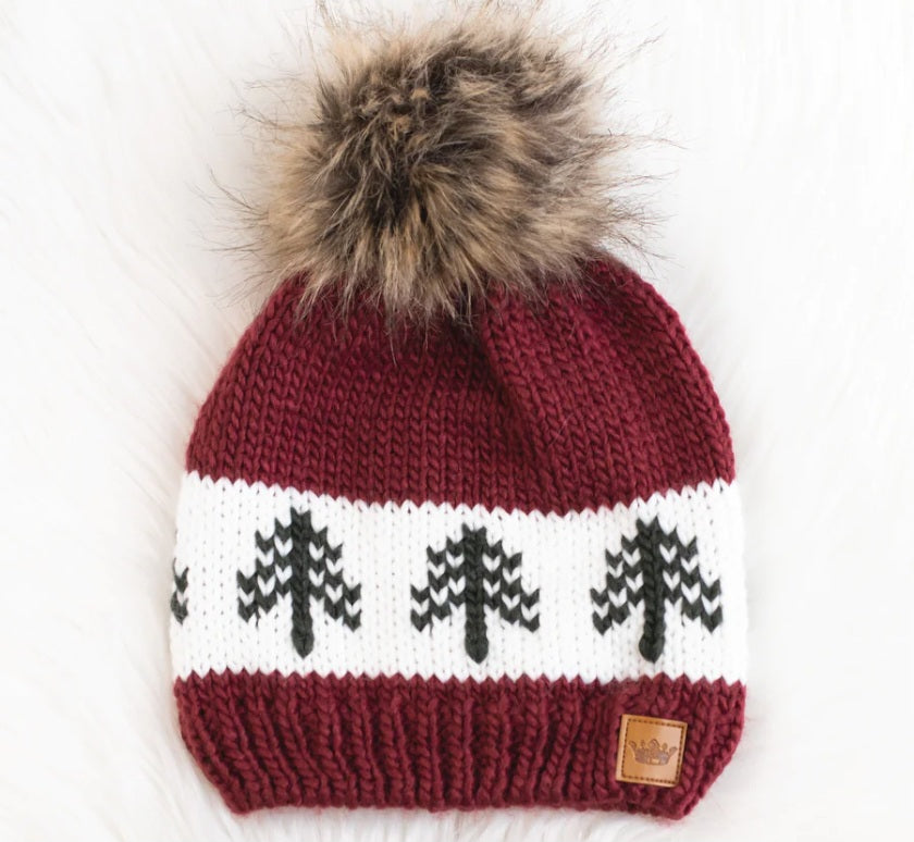 Burgundy Knit Hat with Tree Pattern