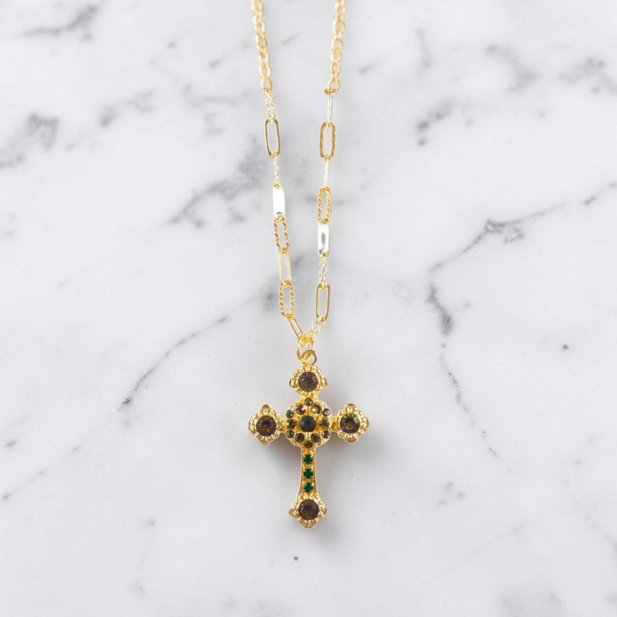 Mariana Flat Cross Pendant with Paperclip Chain in Twilight Serenade