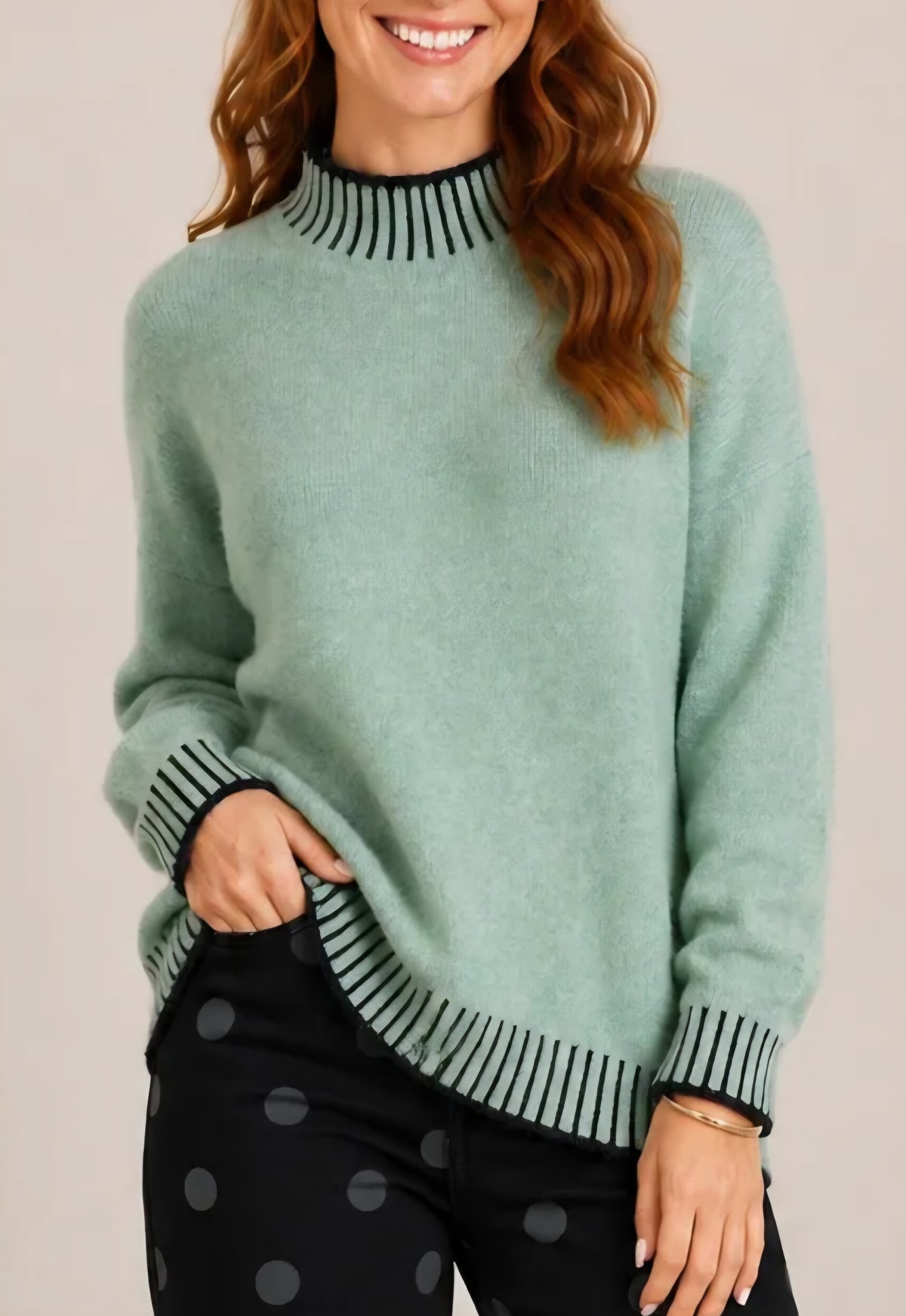Mock Neck Sweater with Contrast Stitching