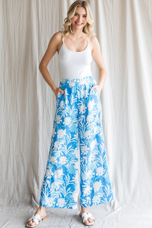 Blue Floral Print Flared Leg Pants