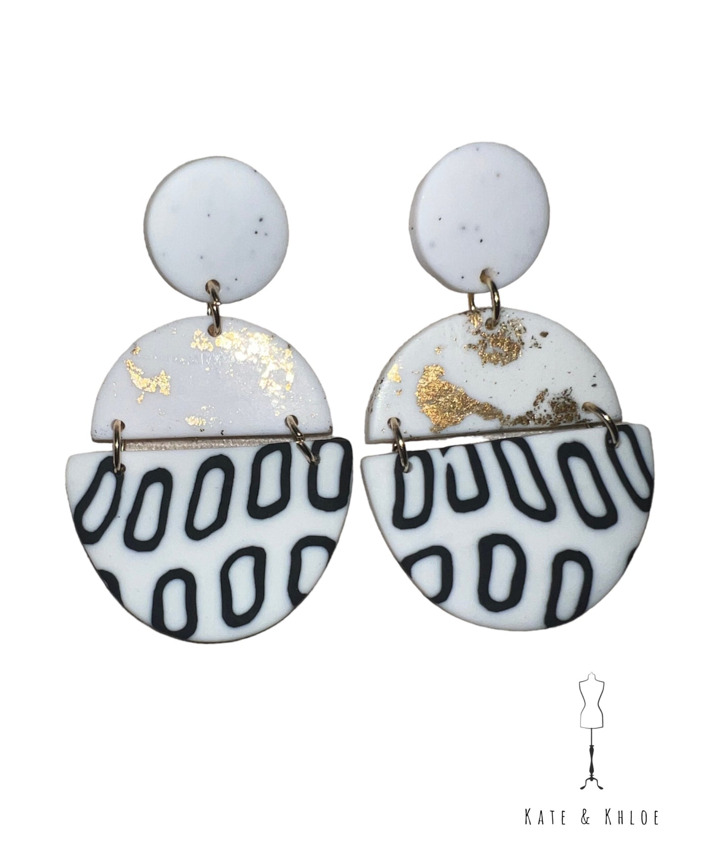 Black White and Gold Geometric Drop Earrings