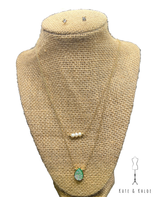 Double Layered Gold Necklace with Pearl and Turquoise Druzy Pendant details & Matching Earrings