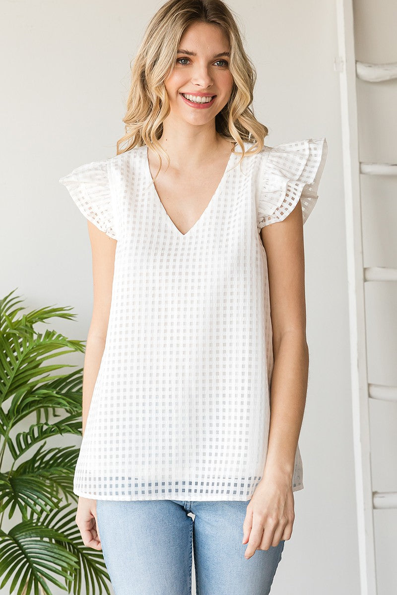 White Checkered Burnout Ruffle Cap Sleeve Top