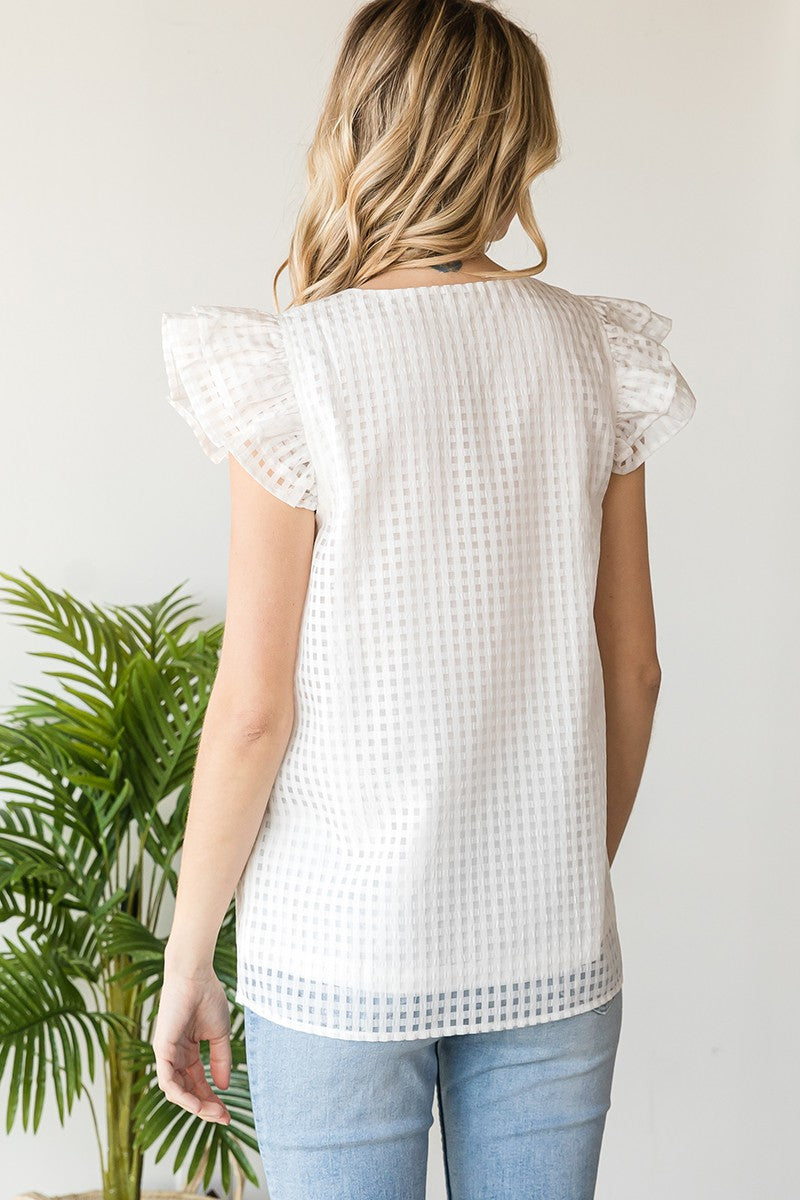 White Checkered Burnout Ruffle Cap Sleeve Top