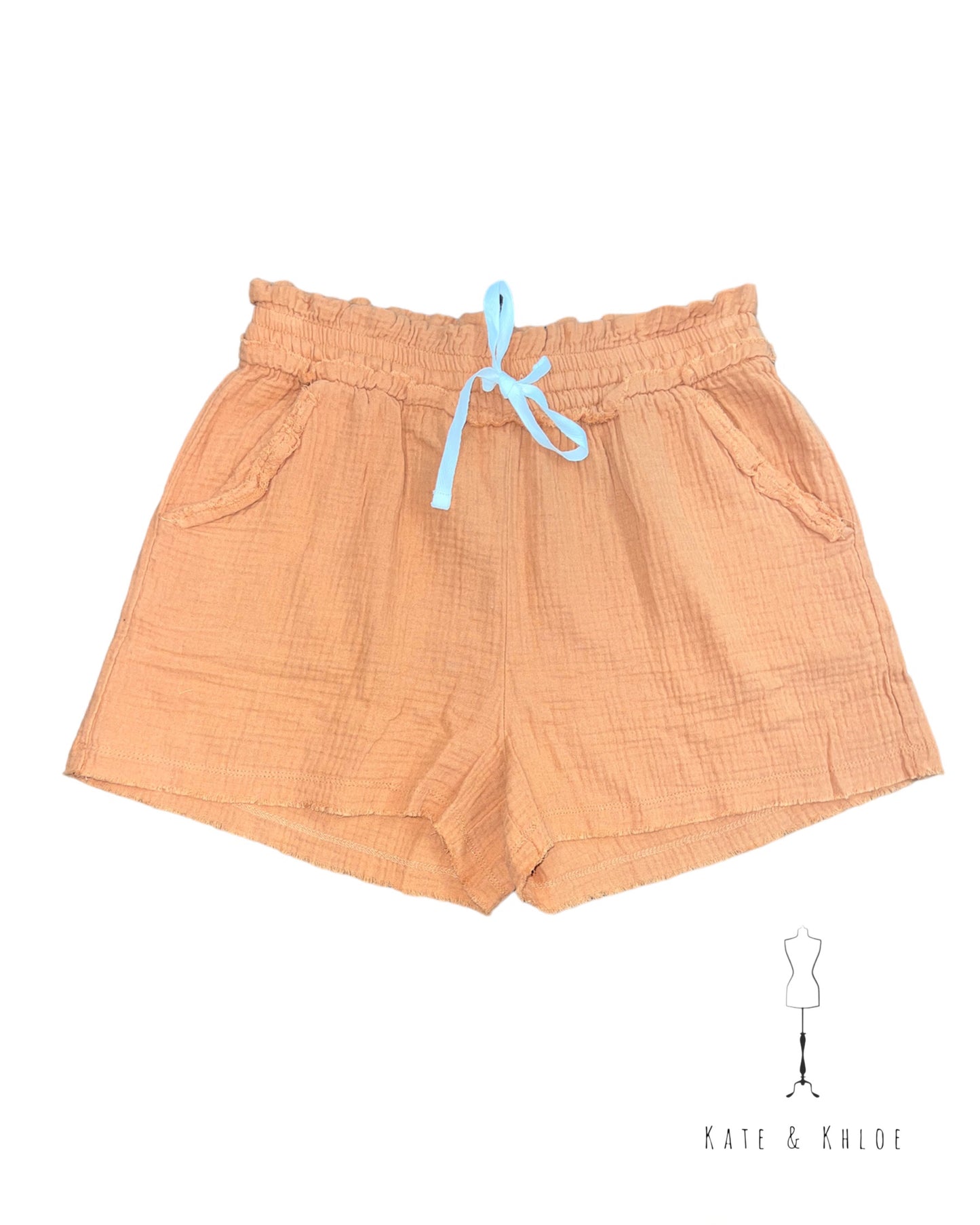 Double Gauze Raw Hem Drawstring Shorts in Butter Orange