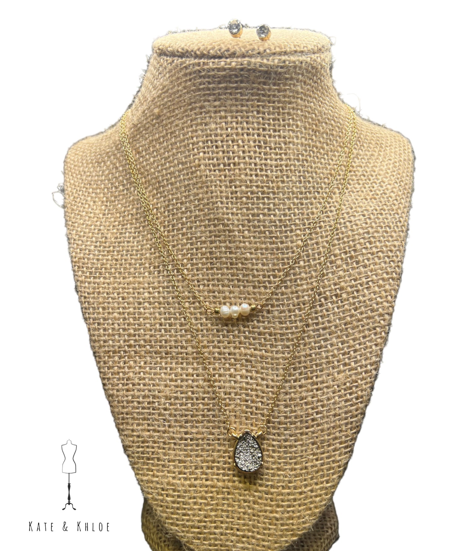 Double Layered Gold with pearl and silver/black druzy pendant details & Matching Earrings