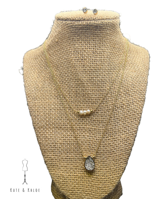 Double Layered Gold with pearl and silver/black druzy pendant details & Matching Earrings
