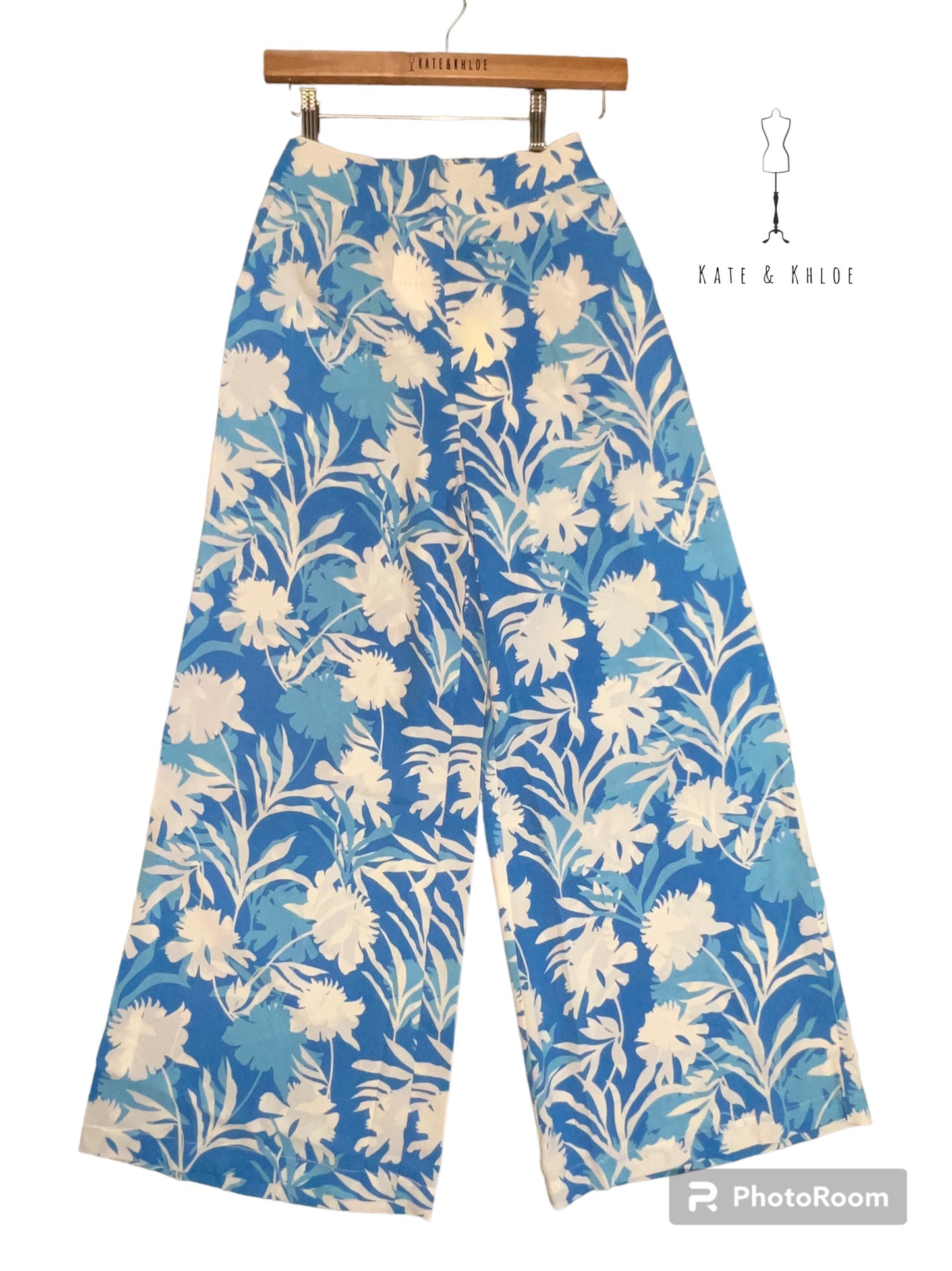 Blue Floral Print Flared Leg Pants