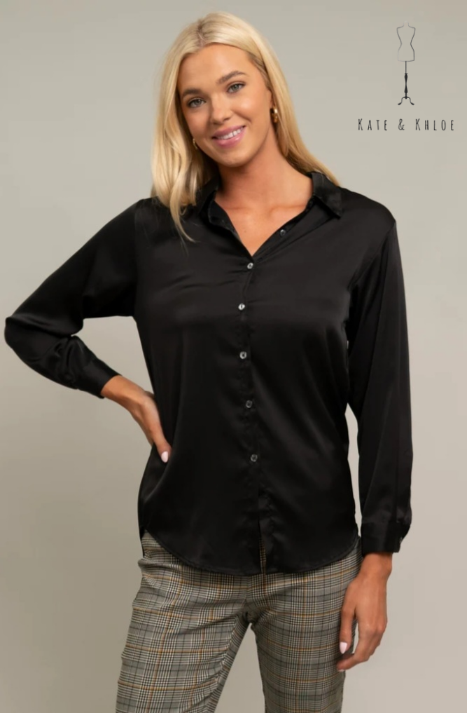 Black Satin Button Front Blouse