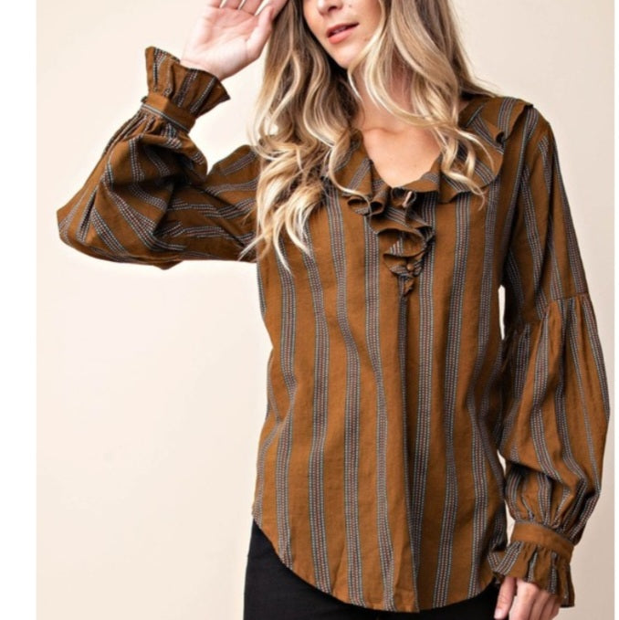 Deep Cleveland Brown Ruffle Detail Blouse