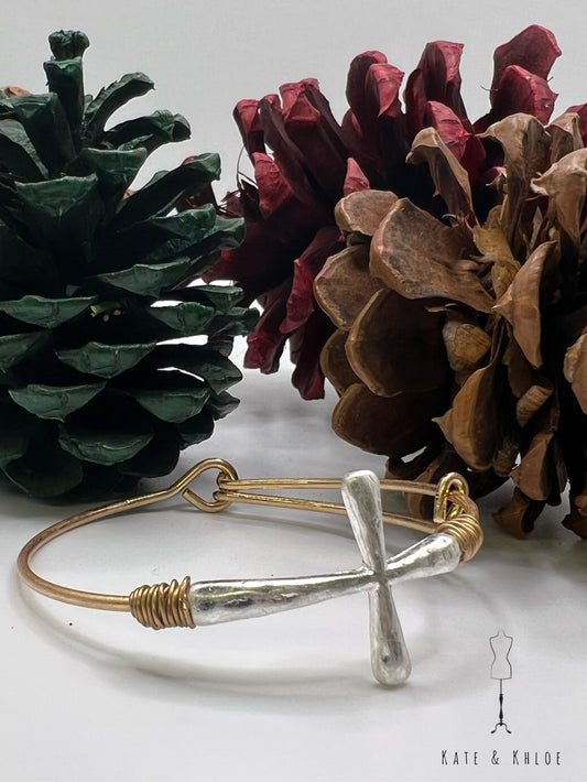 Hammered Cross and Wire Bracelet - Silver Cross & Gold Band